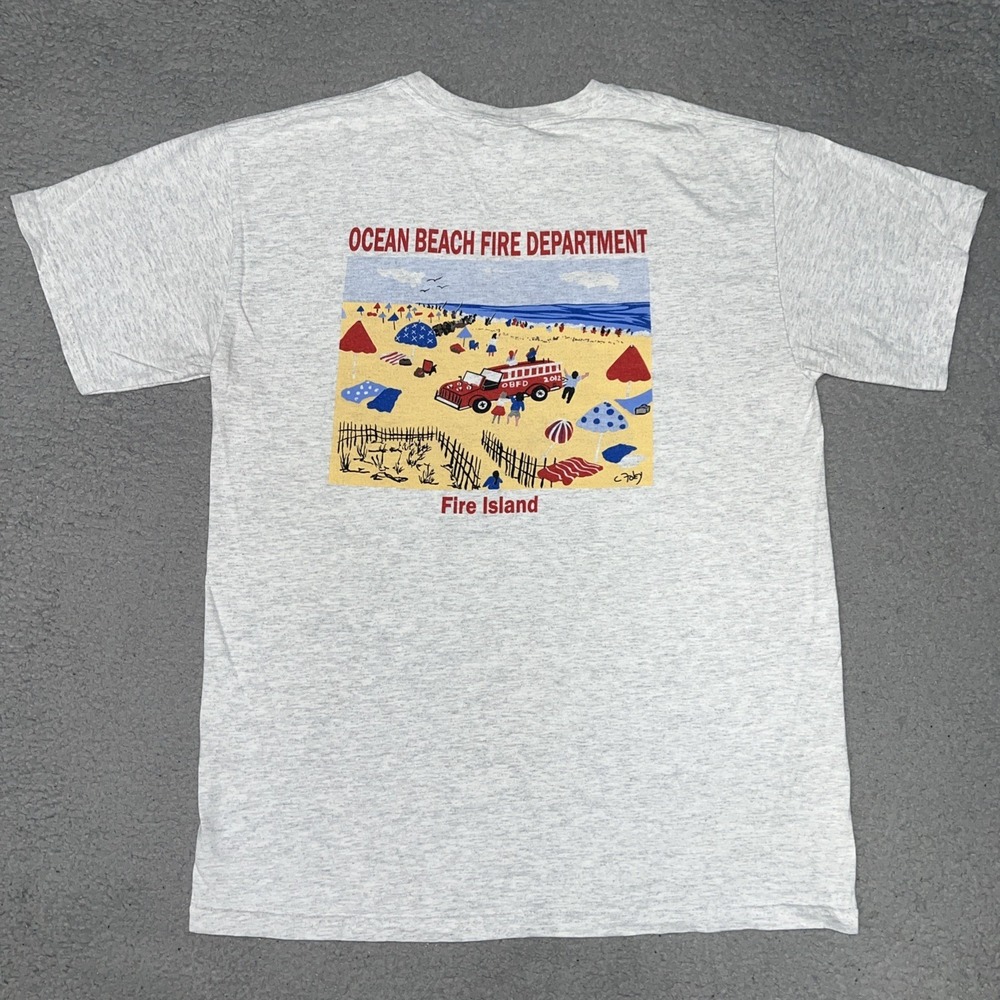 Fire Island Ocean Beach NY Volunteer Fire Dept T Shirt Men Sz M Gray 2012 2-Side
